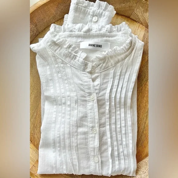 Anine Bing Women’s 100% Cotton White Ruffle Neck Tuxedo Button Down Size Small - Picture 8 of 8